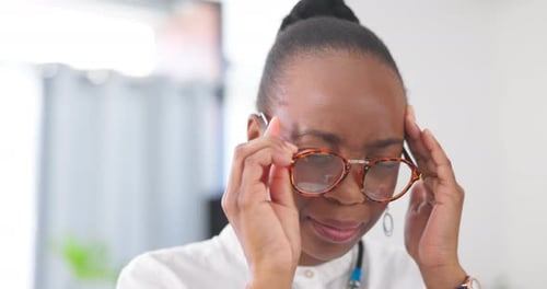 Black woman, headache and stress in burnout, anxiety or overworked from strain at office