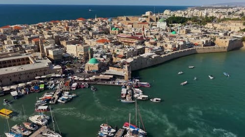 Aerial video over the old city of Acre in northern Israel