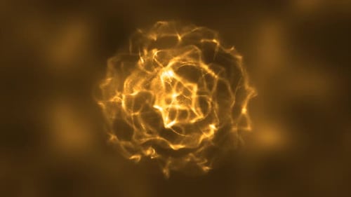 Abstract yellow energy round sphere glowing with particle waves hi-tech digital background