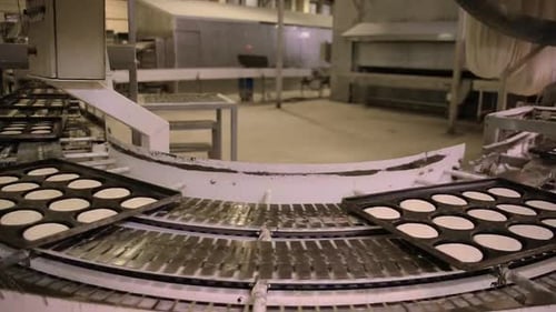 Trays of dough moved in production line of bread factory