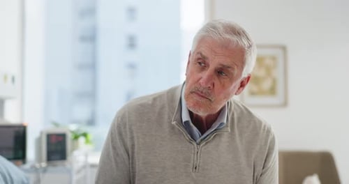 Time, waiting and old man in hospital, wonder and nervous with appointment