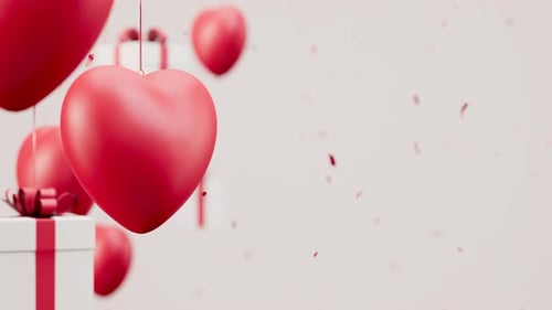 Romantic Red Hearts and Gift Boxes with Falling Confetti