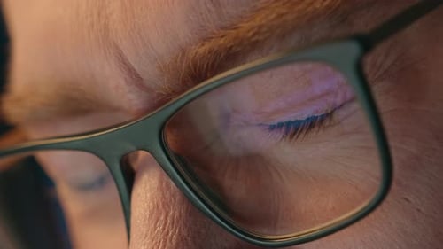 Close Up Business Male Eyes in Glasses Looking Computer Feeling Pain Ache Discomfort Close Eye