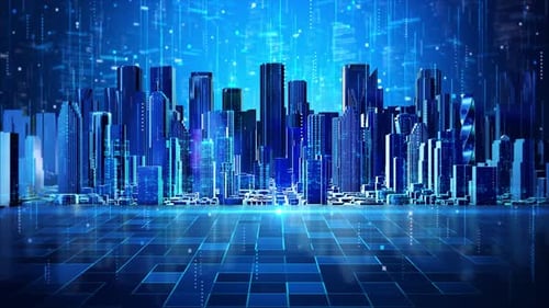 Futuristic Digital City with Flowing Data Animation