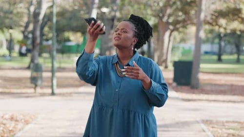 Woman, problem and search for connection with phone, glitch and looking for mobile network in park