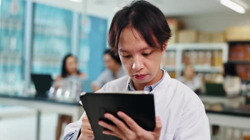 Man, tablet and lab app at university with planning, digital project and thesis writing