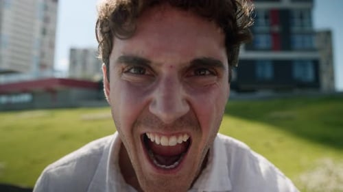 Close Up Stress Despair Psycho Caucasian Business Man Screaming Yelling Shouting Worker Unemployment