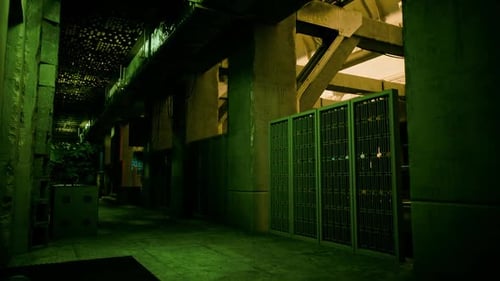 Dimly Lit Hallway With Green Doors and Railings