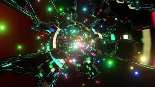 A stream of colorful particles flies through the cosmic web VJ loop 3d render. Background