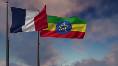 Realistic French and Ethiopian Flags Waving Seamlessly in Sky