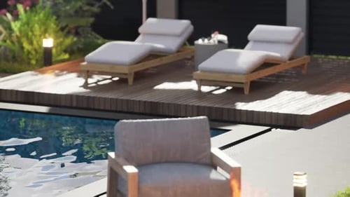 Exterior design details, close-up shot, two sun loungers by the pool.