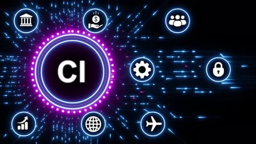 CI Continuous Integration Digital Abstract with Icons and Glowing Circuitry technology
