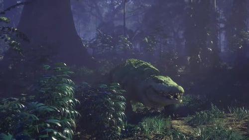 Une soirée brumeuse entoure un crocodile prudent dans une nature sauvage ombragée