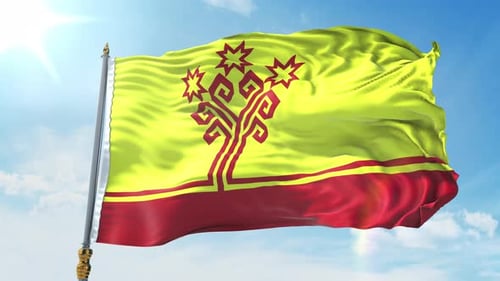 Animated Flag Waving with Red Ornamental Symbol and Blue Sky