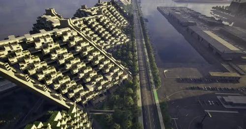 Diseño arquitectónico moderno de edificios residenciales cerca de la vía fluvial en la ciudad