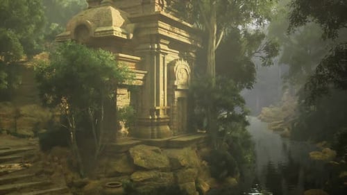 Shadowy Chacoinspired Monument Entrance with Intricate Carvings and Lush Framing
