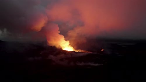 Aerial view of Fagradalsfjall Volcano during eruption, Iceland.