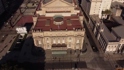 Aerial shot of famouis Teatro Colón Opera Theatre in Buenos Aires lighting by sunlight