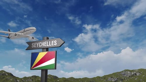 Seychelles Flag With Airplane And Arrow Sign