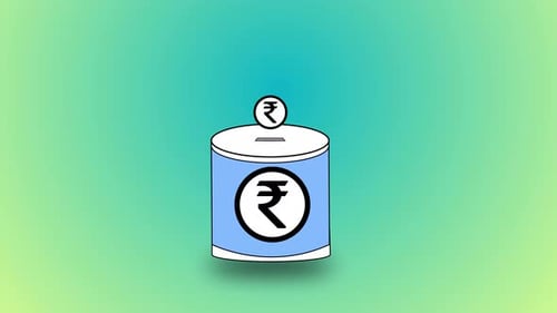 3d Blue coin bank and coins with Rupee sign isolated on gradient background. Vd_1325