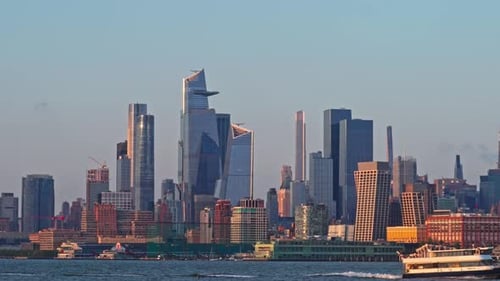 Dramatic backdrop of New York's skyscrapers against the New Jersey horizon