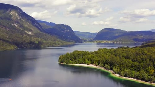 Aerial view of a Sandy Beach strip at Lake Bohinj, Slovenia.