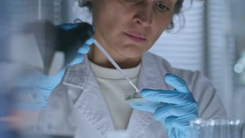 Female Lab Scientist Adding Liquid to Petri Dish Containing Plant Sample