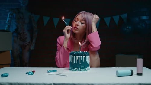 Sad Pink Hair Birthday Girl with Makeup Sitting at the Table with the Birthday Cake and Playing with