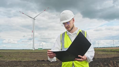 A Safety Inspector Checks the Wind Turbine for Any Potential Hazards on a Rainy Day Prior to a
