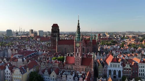 Aerial Video Shot By Drone Over the Historic Tourist Center of Gdansk the City Hall and the