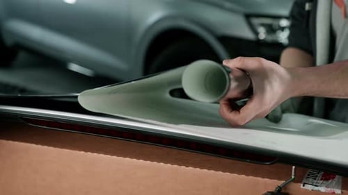 Gluing the film on the spoiler to protect the paint which protects the paint auto detailing