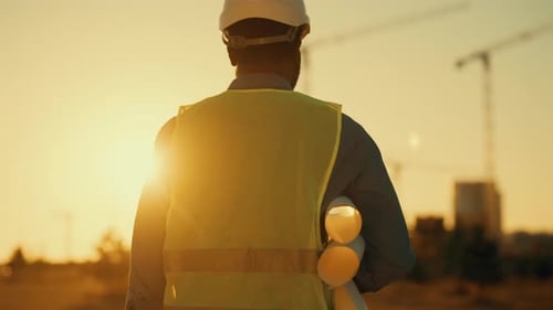 Vorarbeiter geht auf einer modernen Baustelle, Rückansicht eines Menschen mit Zeichnungen, Gebäude und Entwicklung
