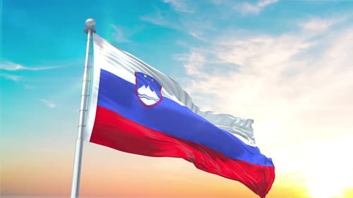 Slovenia National Flag Waving Realistically Under Blue Sky