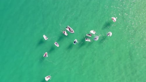 Gran grupo de veleros de diferentes tamaños en el mar, imágenes aéreas