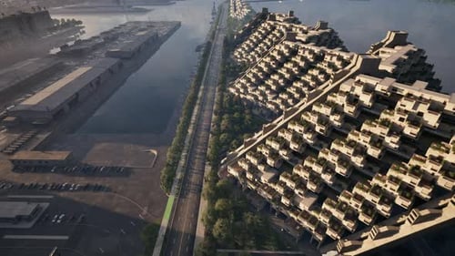 Un río pintoresco con edificios en un paisaje urbano vibrante
