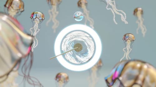 3D Rendering of Illuminated Lever Hitting Ball Near Jellyfishes
