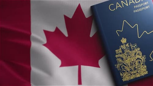 Realistic Waving Canadian Flag with Passport