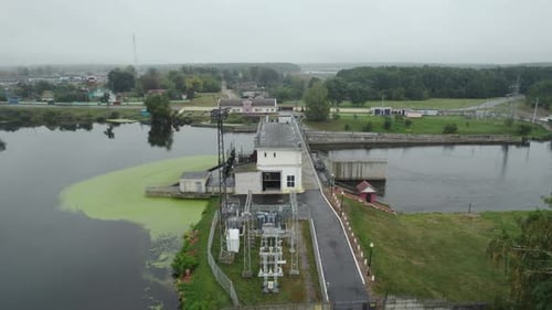 Hydroelectric Power Station on the River View From Height of the Dam System Energy Extraction