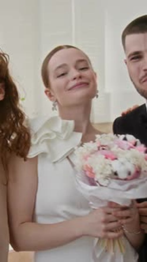 Happy Wedding Celebration with Bride, Groom and Friends