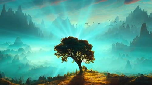 Animated Glowing Tree in a Dreamlike Mountain Landscape