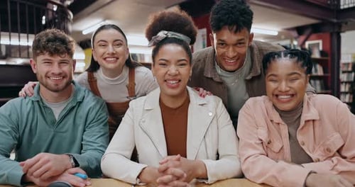 University, students or people in group at library with smile for education