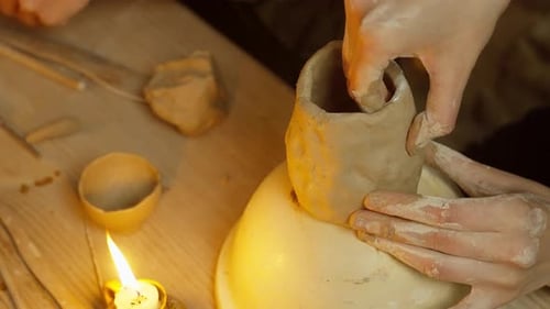 Hands Shaping Clay on Pottery Wheel Close Up