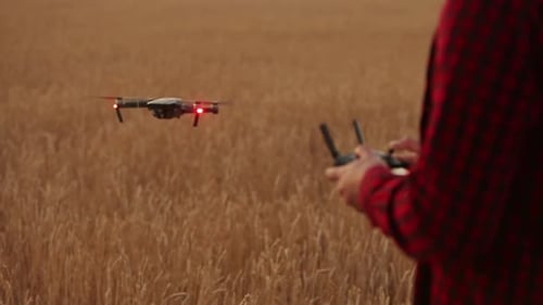 Farmer Hands Hold Remote Controller with His Hands While Quadcopter is Flying on Background Drone