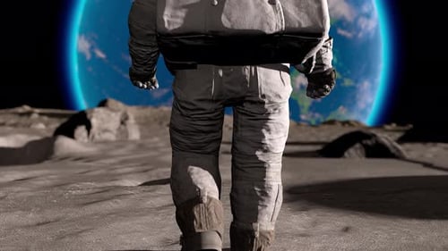 3D Animation of Astronaut Walking on Moon Surface with Earth View