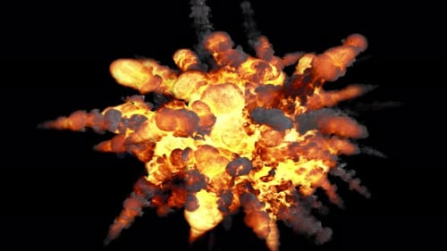 Explosion with fire and smoke rising, top down view