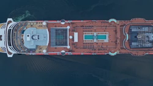 Aerial view of cruise ship at sea with passengers