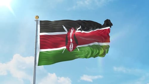 Kenya National Flag Waving with Blue Sky Background