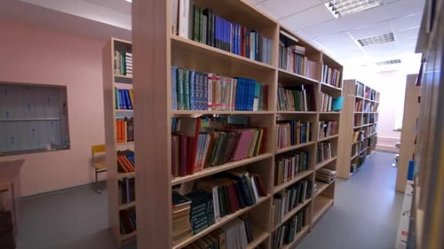 Wooden bookcases in the library. Different books on bookshelves inside the light library room.