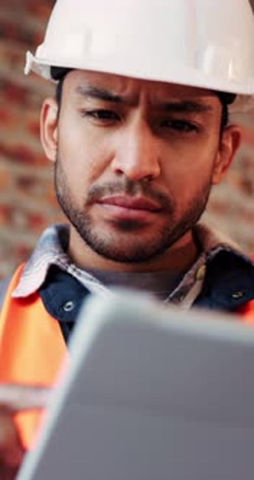 Civil engineer, confused and man with tablet in building, property development
