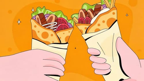 Hands Holding Fresh Food Tasty Burrito Wrap - Chicken Shawarma Roll - Fast Food Restaurant